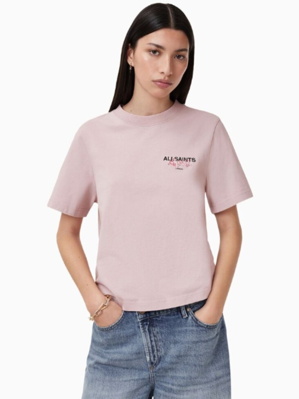 AllSaints Amore Lisa Boxy Crew Neck T-Shirt (Pink | S)